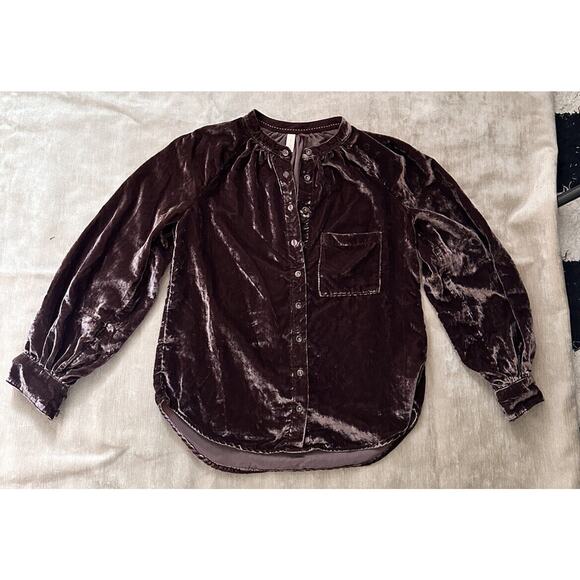 Anthropologie Pilcro Crushed Velvet Femme Buttondown Shirt Cocoa sz XXSP Brown - Picture 11 of 16